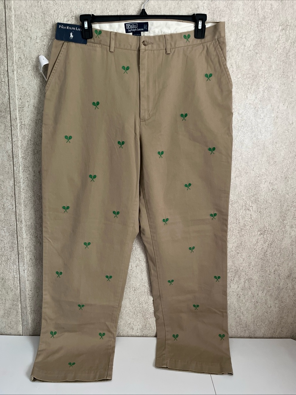 Ralph Lauren Khaki Chino Pants with Green Embroidered Tennis Motifs